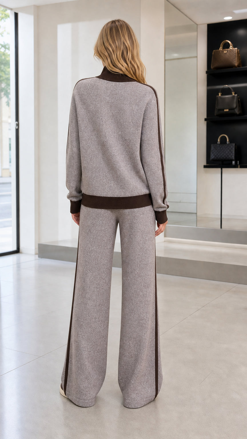 Back view of woman wearing Heather Gray knit two-piece tracksuit set