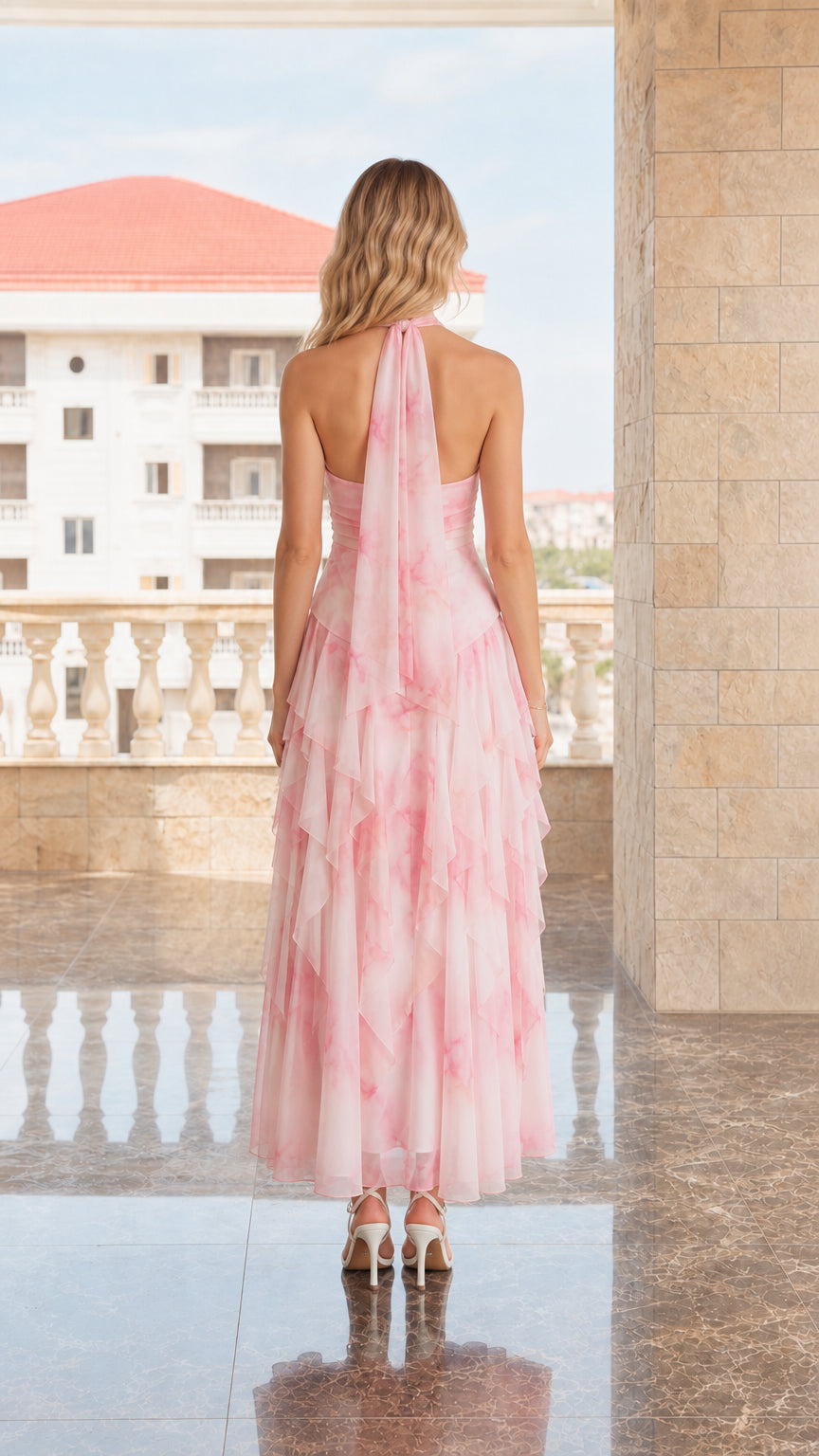 Back view of model showing the halter tie-back detail and ruffled skirt of the pink maxi dress