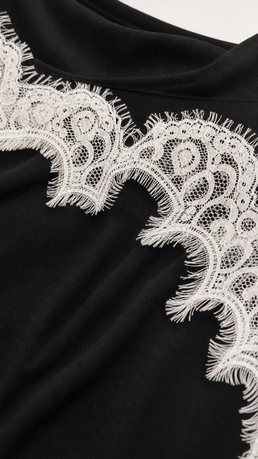 Close-up of white lace trim on black fabric
