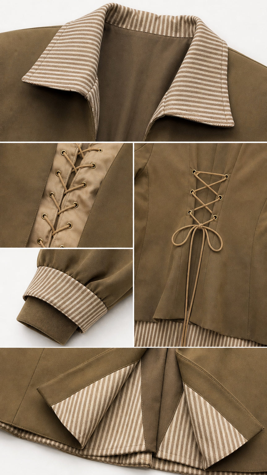 Close-up detail collage of striped collar, cuffs, and lace-up back