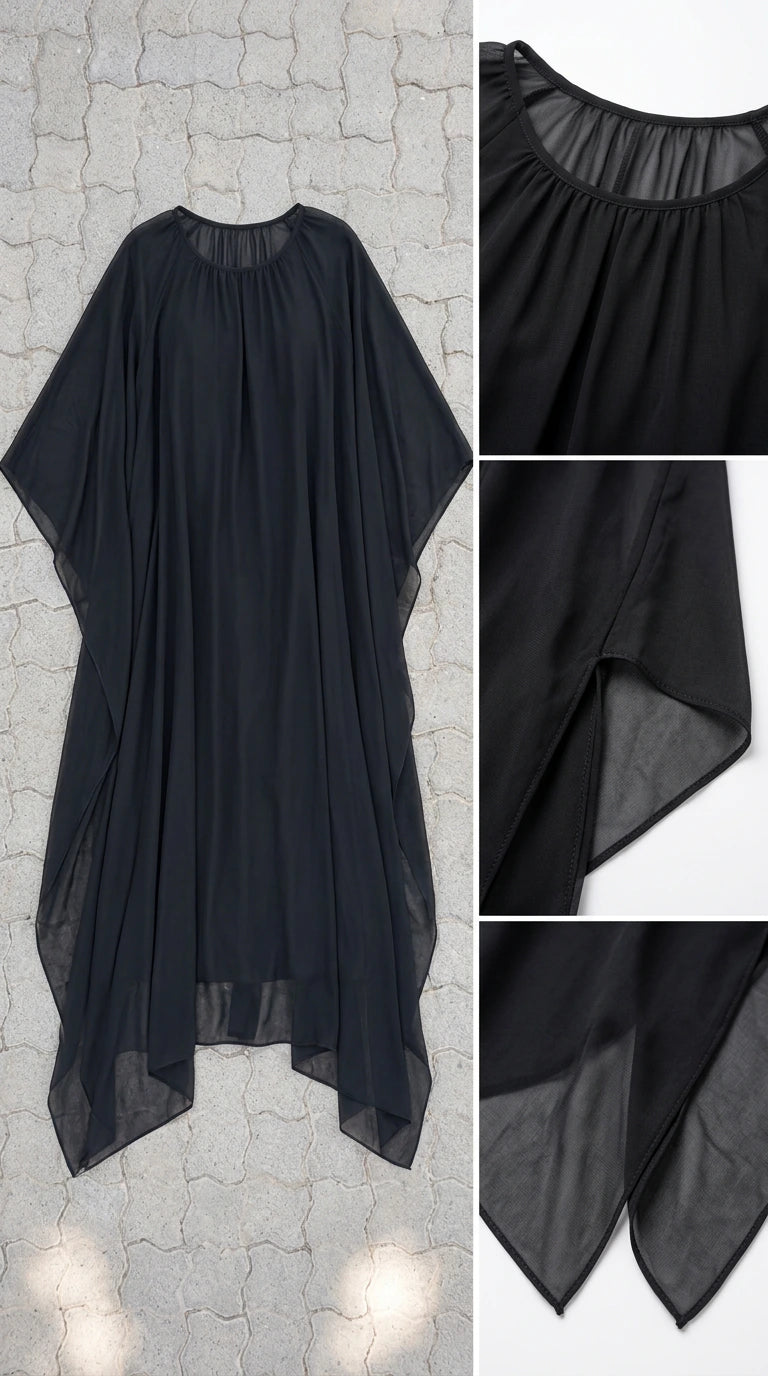 Flat lay view and fabric details of black chiffon kaftan dress