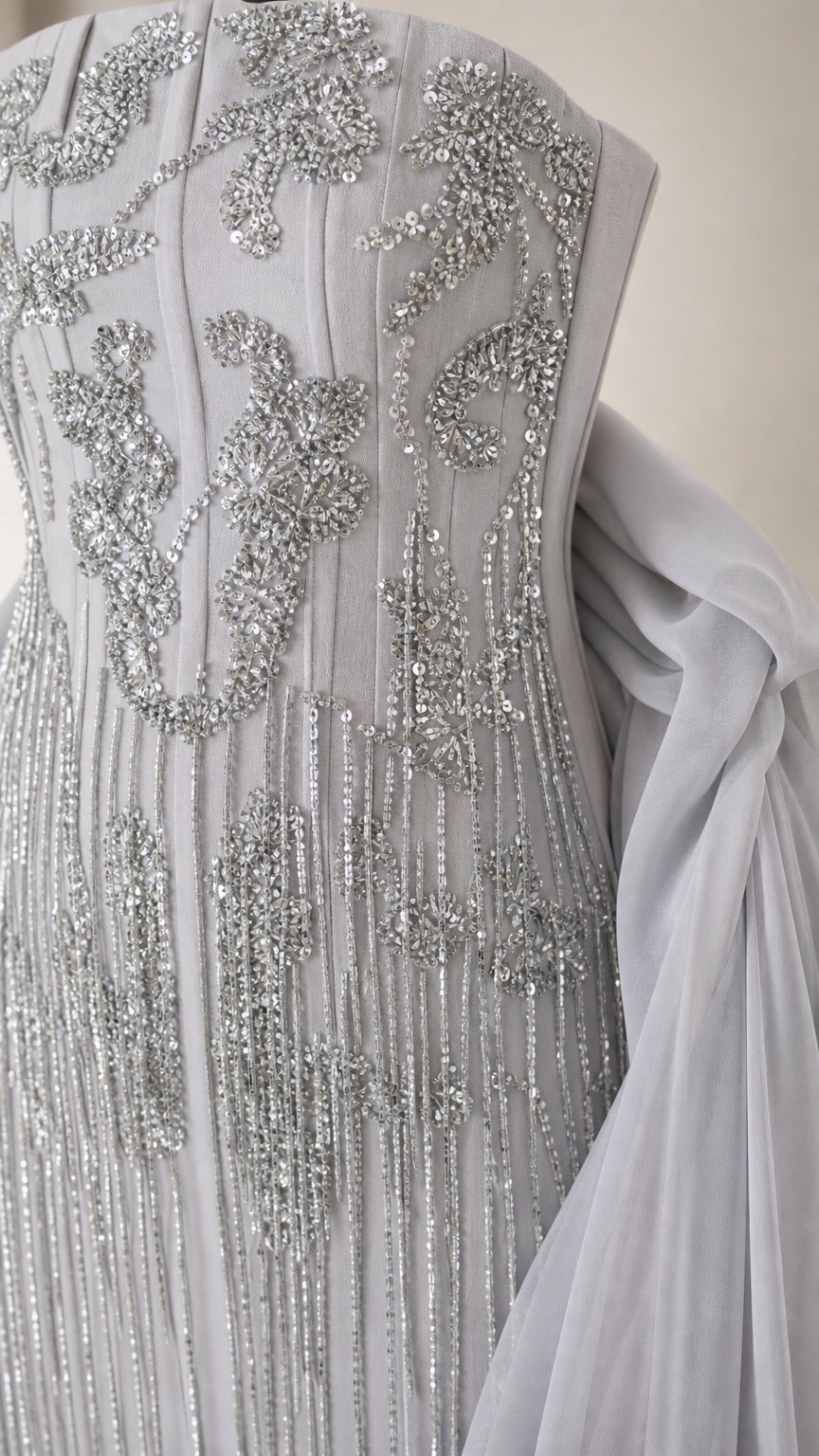 Close-up detail of silver sequin and beaded embroidery on dusty blue gown