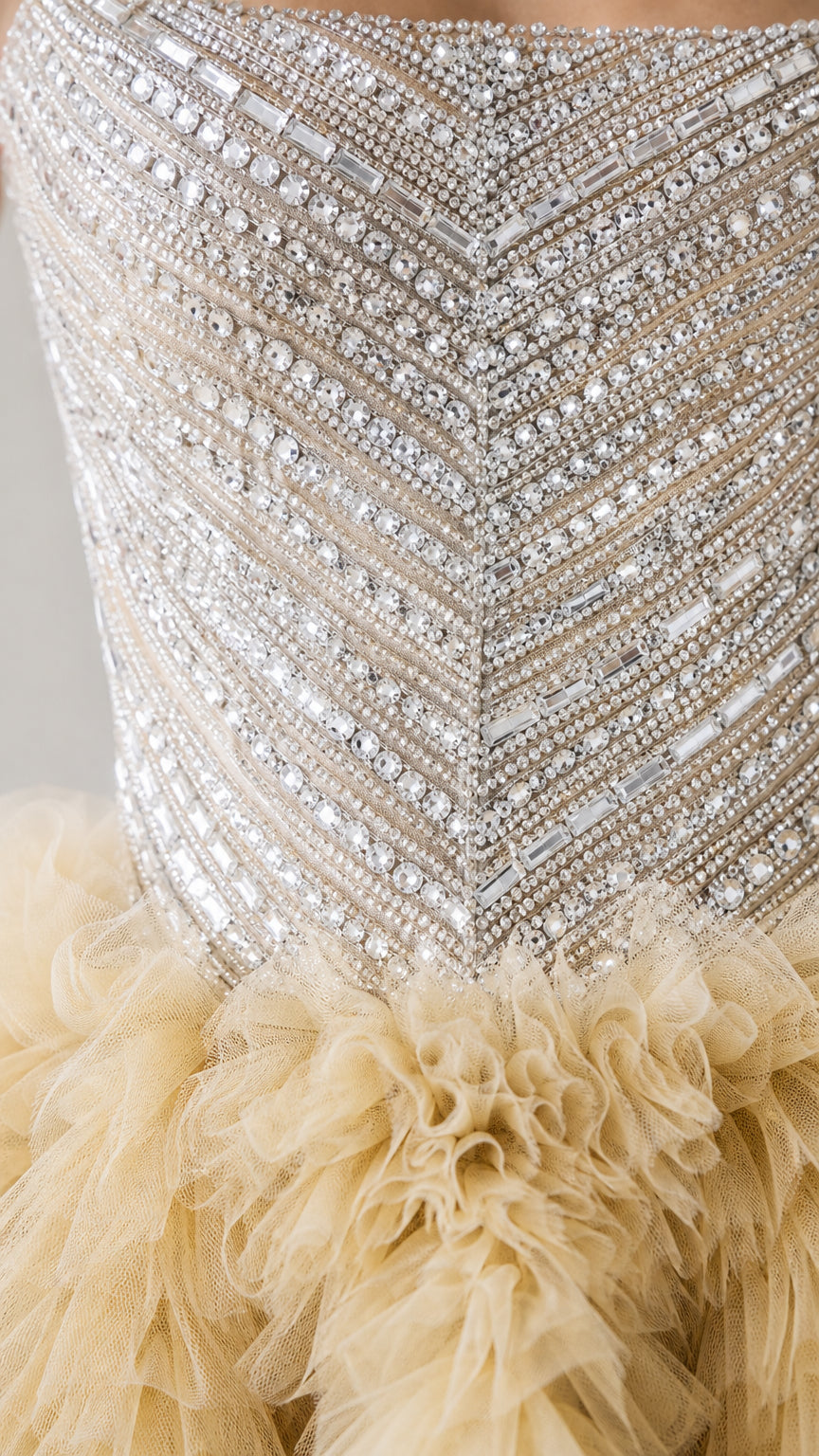 Close-up detail of silver sequin and crystal embellished bodice
