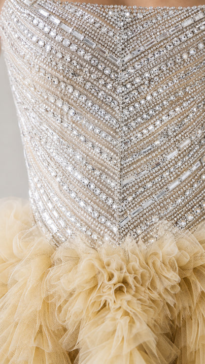 Close-up detail of silver sequin and crystal embellished bodice