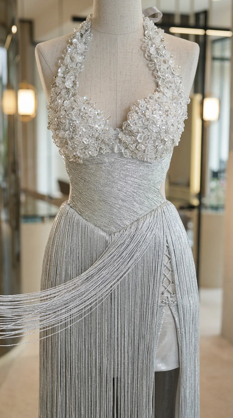 Mannequin closeup of silver gown highlighting 3D beaded floral appliques and corset waist