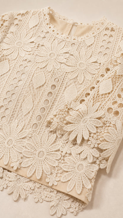 Close-up detail of Beige floral lace pattern and neckline