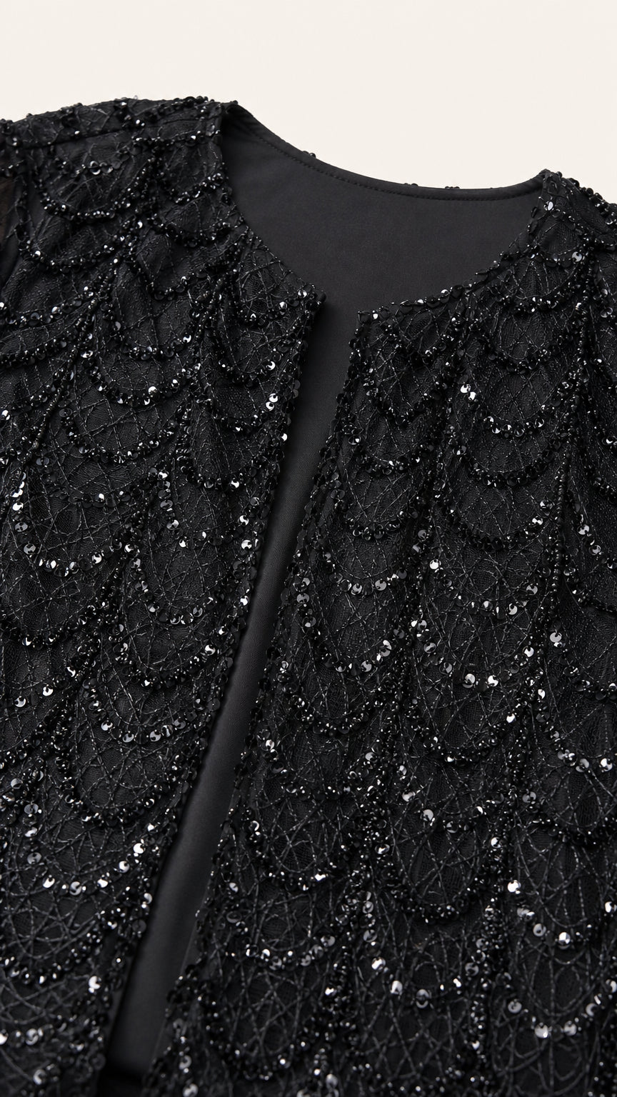 Close-up detail of black scalloped sequin embroidered jacket texture