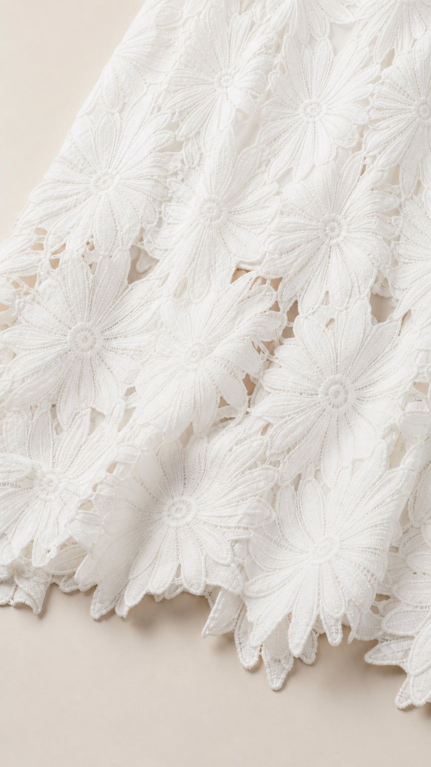 Close up detail of textured daisy floral lace overlay fabric
