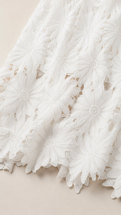 Close up detail of textured daisy floral lace overlay fabric