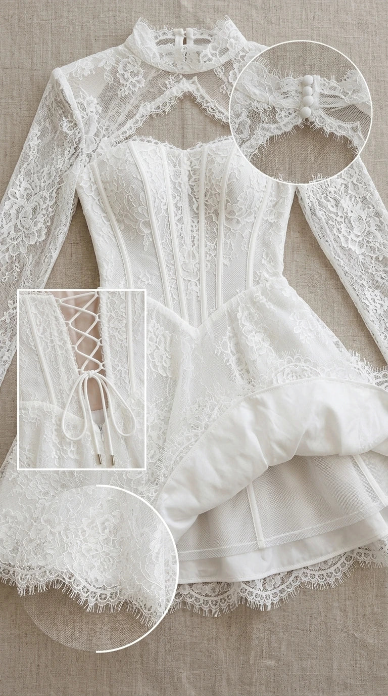 Close-up detail of white lace mini dress neckline, lace-up back, and eyelash lace hem