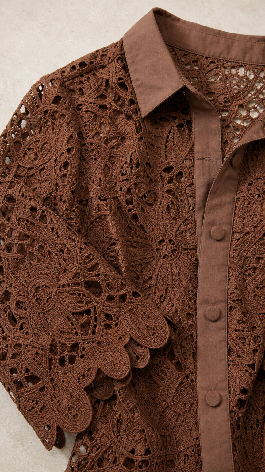 Close-up detail of brown lace collar, buttons, and sleeve hem
