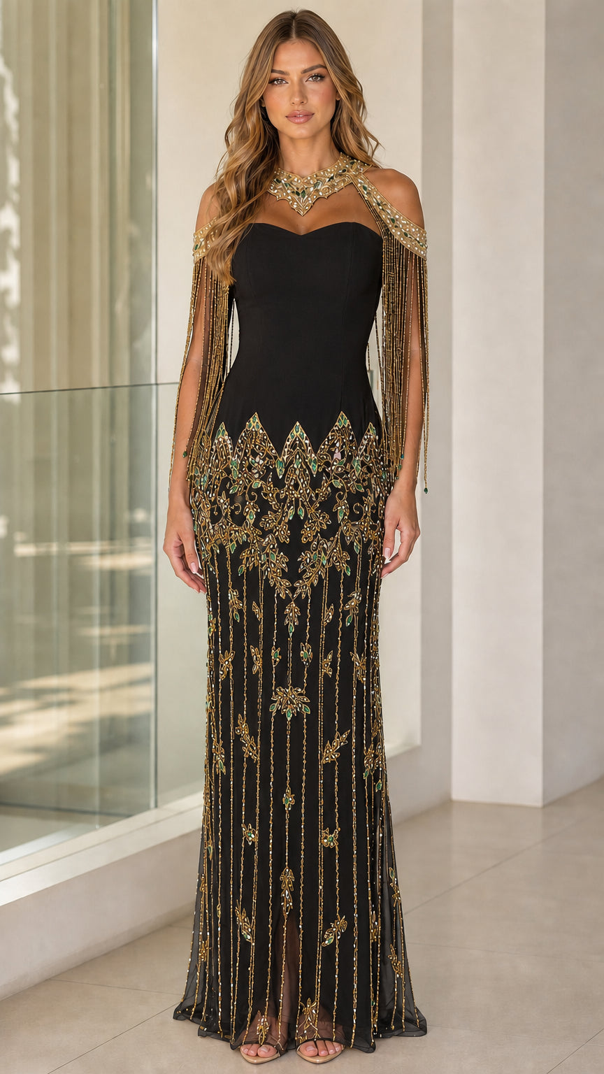 Black and gold embellished halter neck evening gown with beaded fringe sleeves