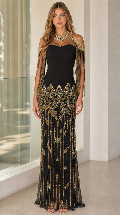 Black and gold embellished halter neck evening gown with beaded fringe sleeves