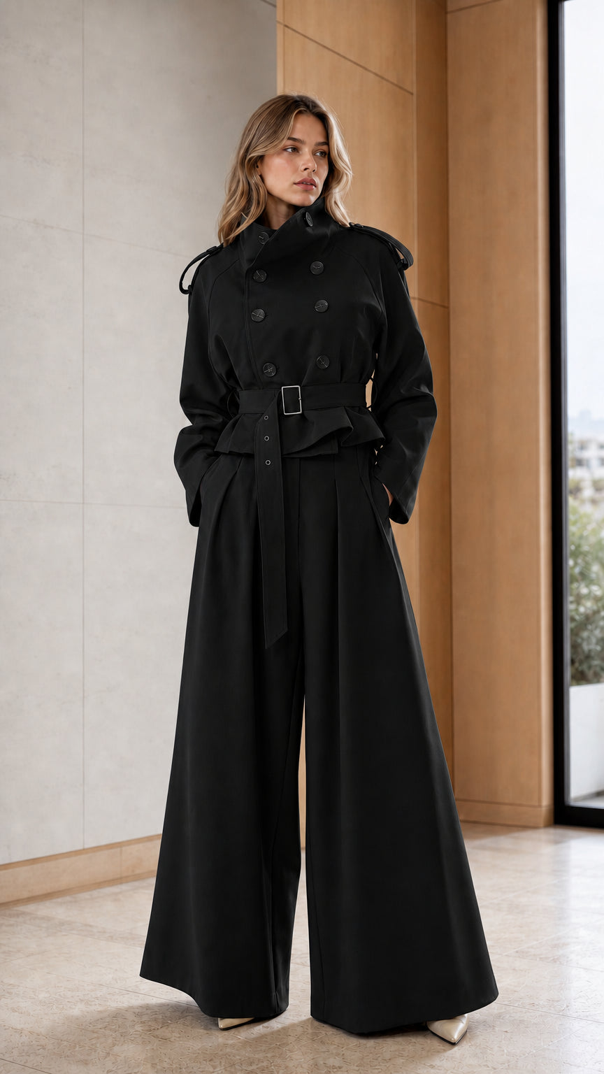 Woman wearing black two-piece trench jacket and wide-leg pants set