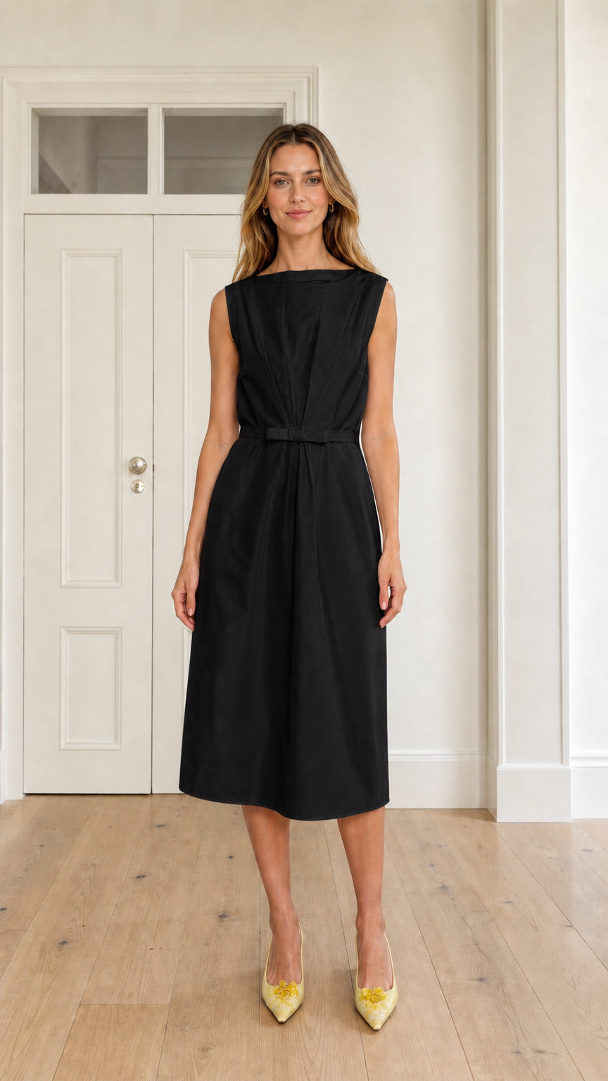 Front full view of woman wearing black sleeveless boatneck pleated midi dress