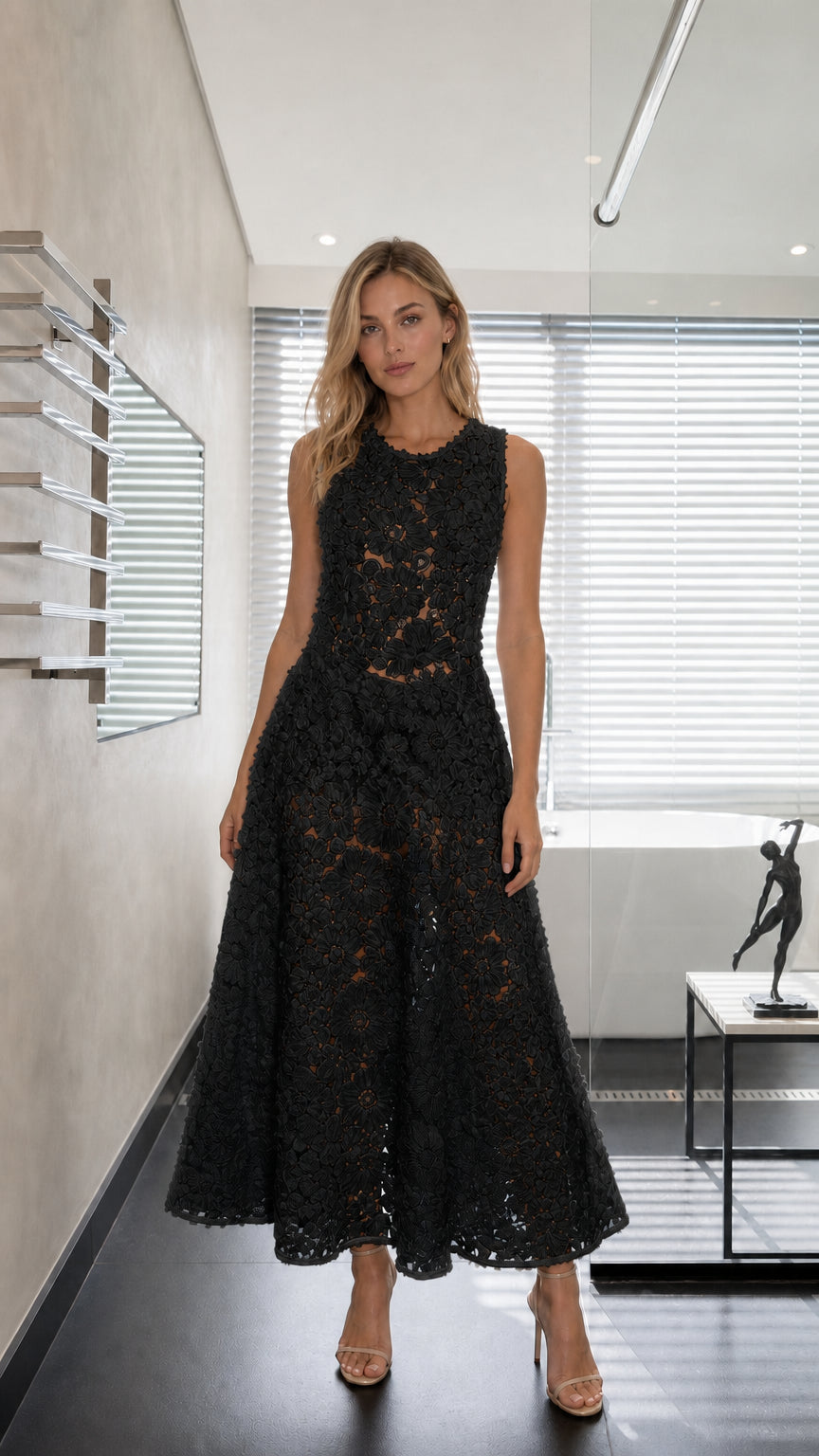 Black sleeveless 3D floral lace A-line maxi evening dress