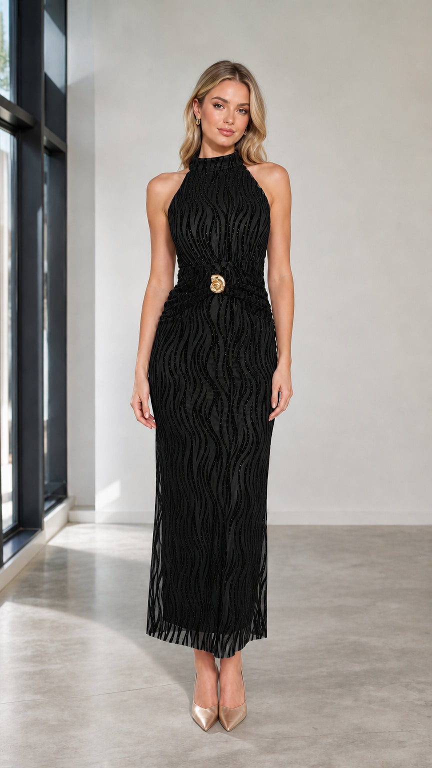 Front view of black halter neck maxi dress