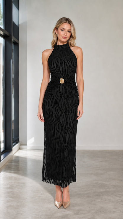 Front view of black halter neck maxi dress