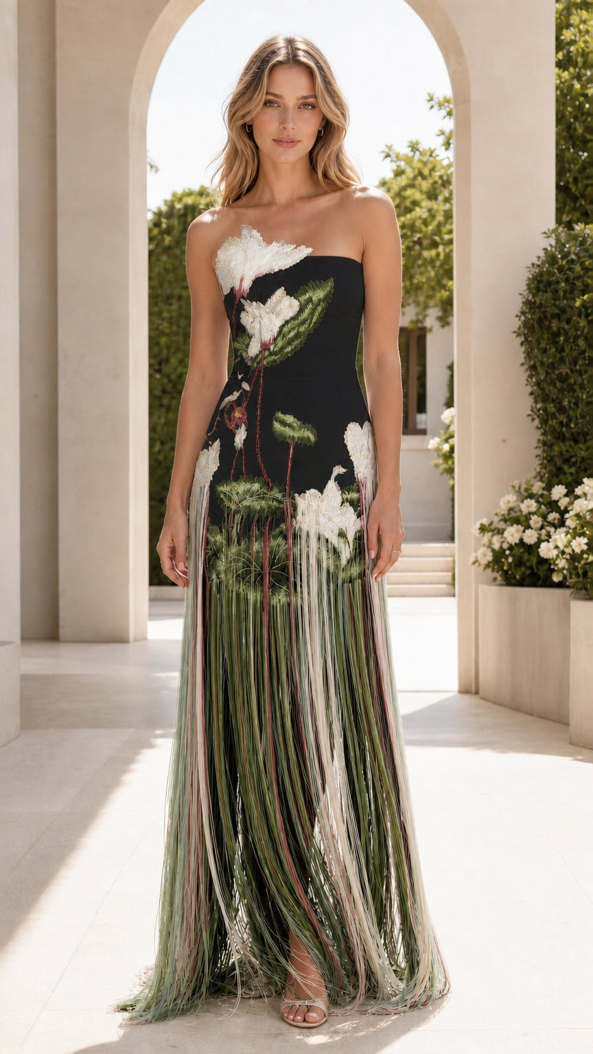 Front view of black strapless evening dress with botanical embroidery and cascading green fringe