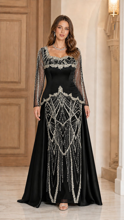 Black long sleeve formal evening gown with silver crystal lattice beading