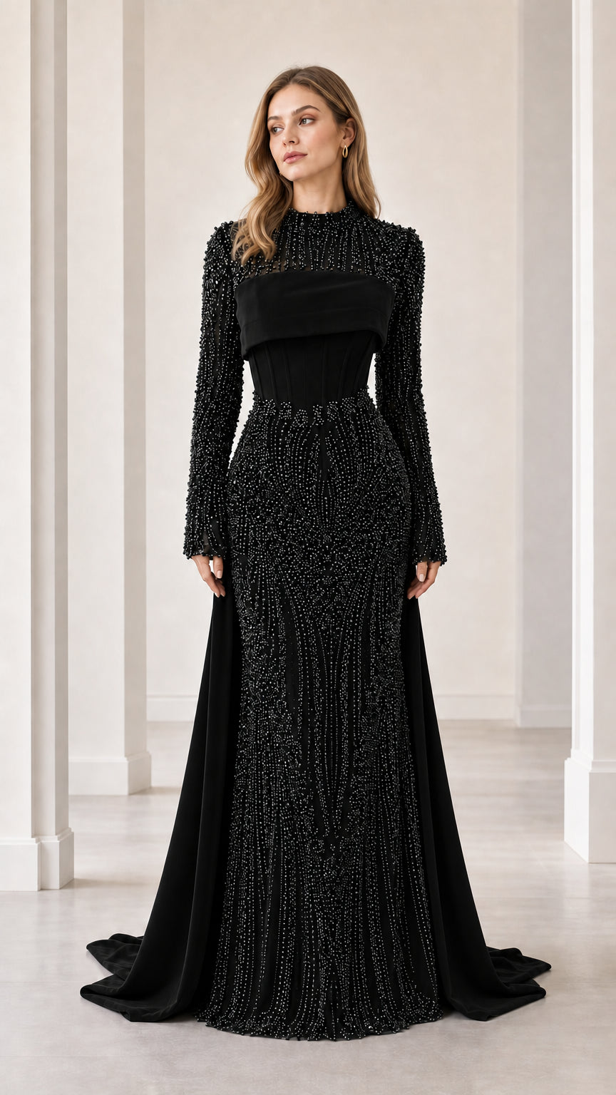 Black beaded long sleeve mock neck evening gown on model