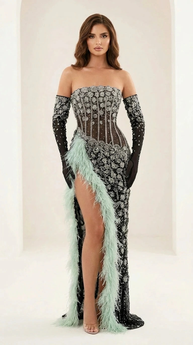 Front view of black evening gown variant with gloves