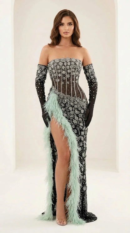 Front view of black evening gown variant with gloves
