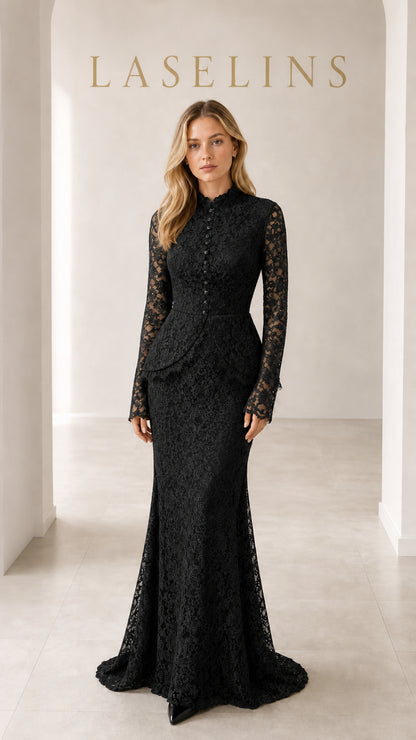 Model wearing black long sleeve lace peplum evening gown