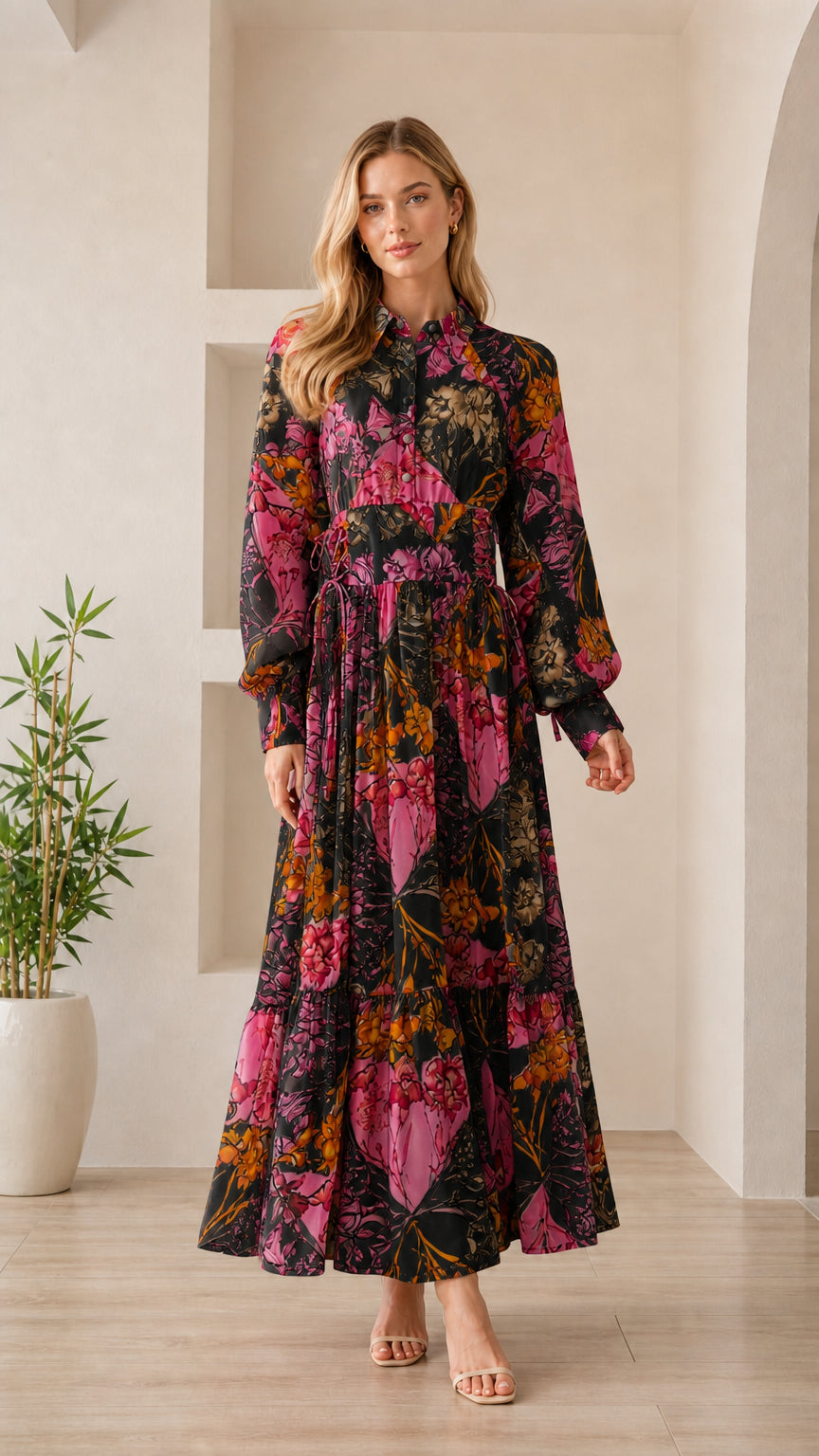 Woman wearing black floral long sleeve maxi dress