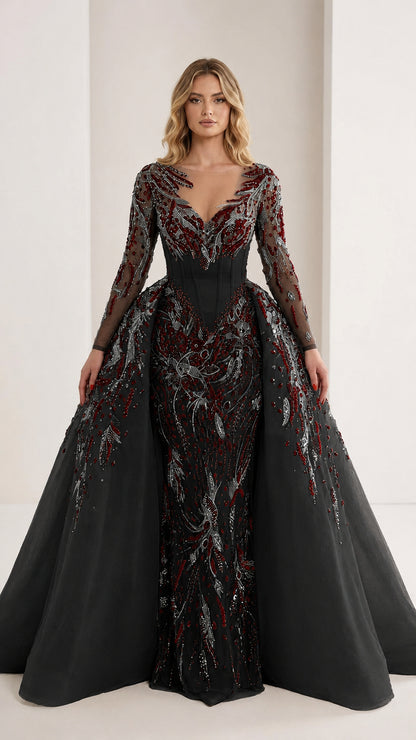 Beaded illusion evening gown in black color variant
