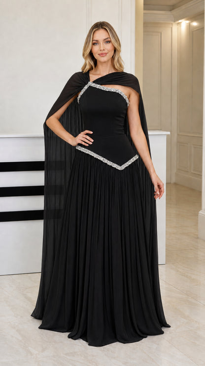 Front view of black rhinestone trimmed basque waist chiffon cape gown
