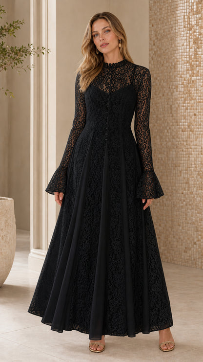 Full length view of black lace long sleeve maxi dress