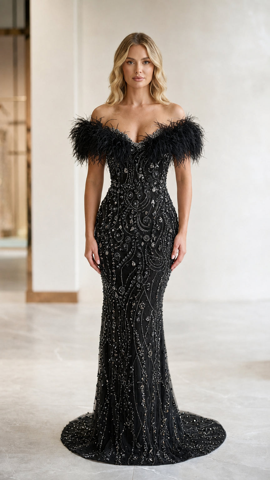 Black off-the-shoulder sequin beaded gown with matching black feather trim