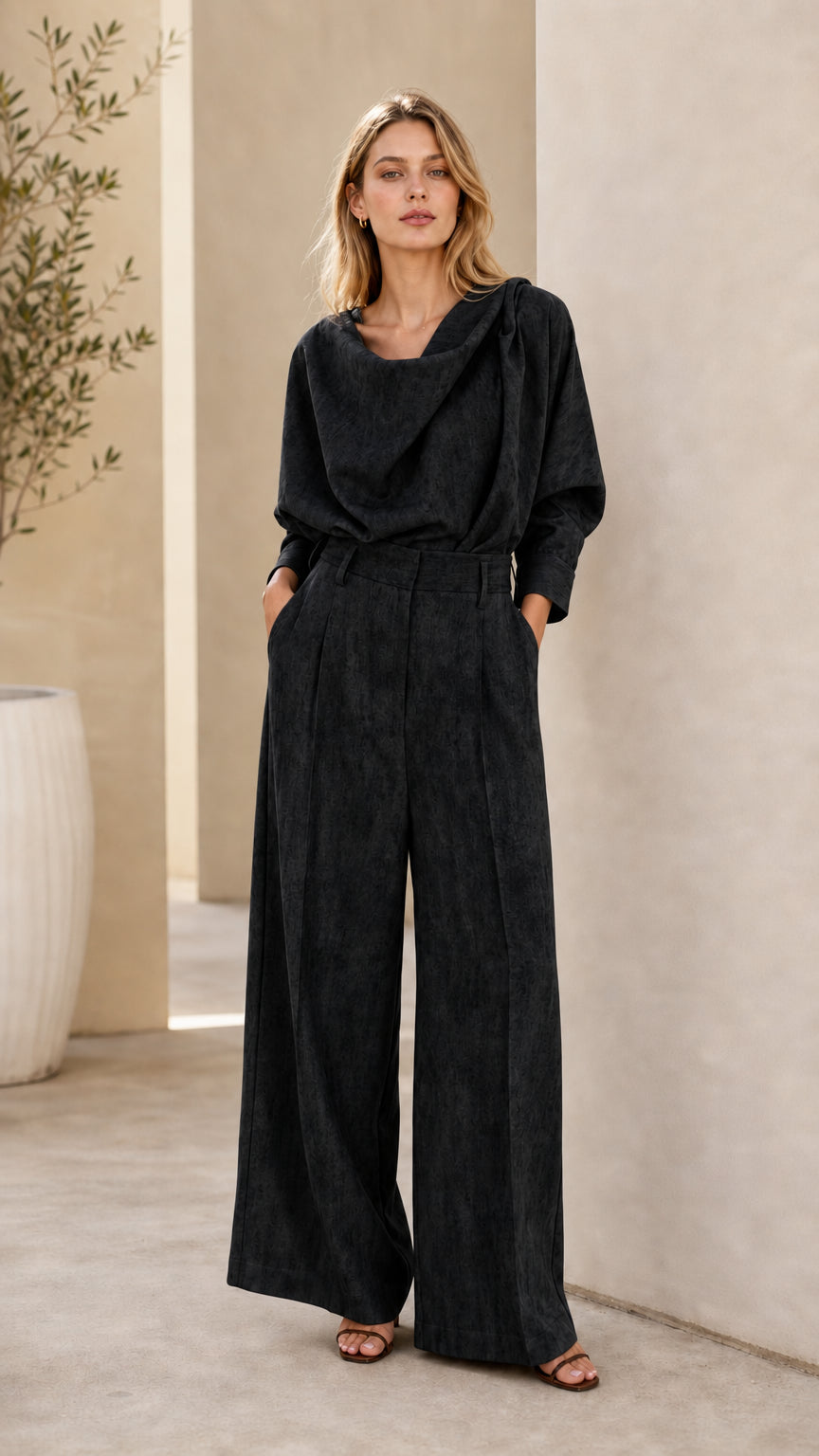 Black cowl neck top and wide leg pleated trousers two-piece set