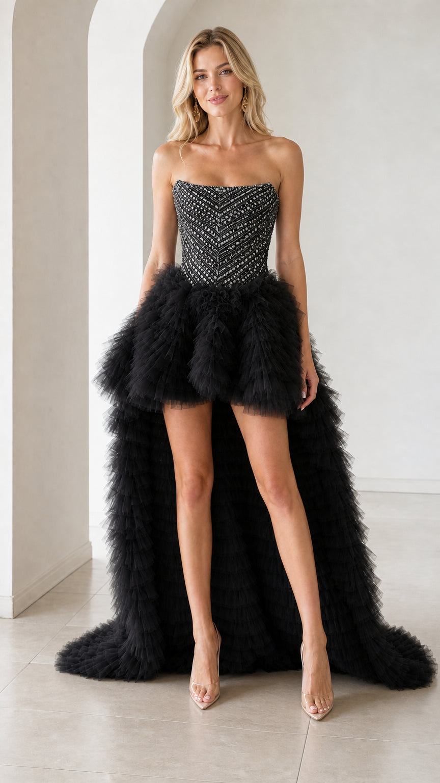 Front view of black color variant with beaded bodice and tulle skirt