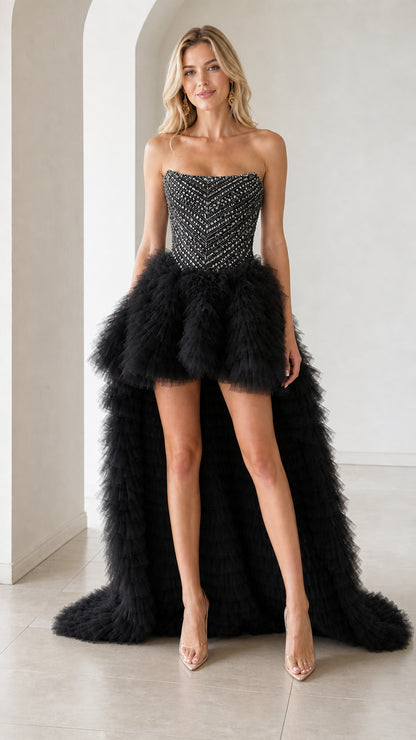 Front view of black color variant with beaded bodice and tulle skirt