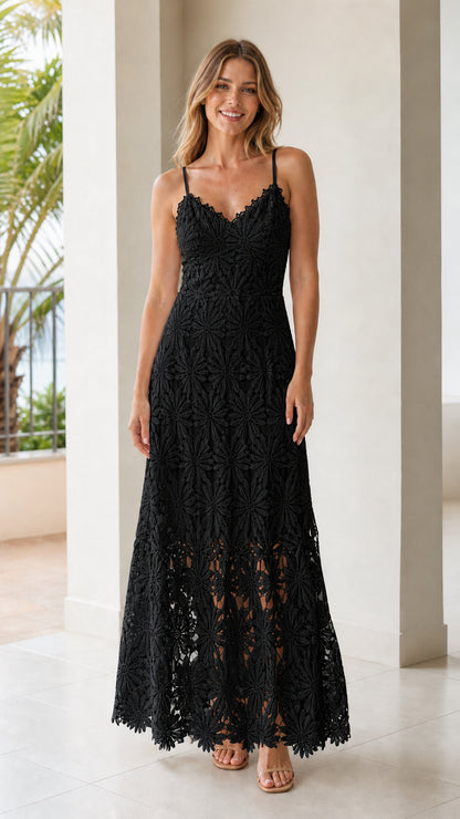 Black floral lace spaghetti strap maxi dress front view on model
