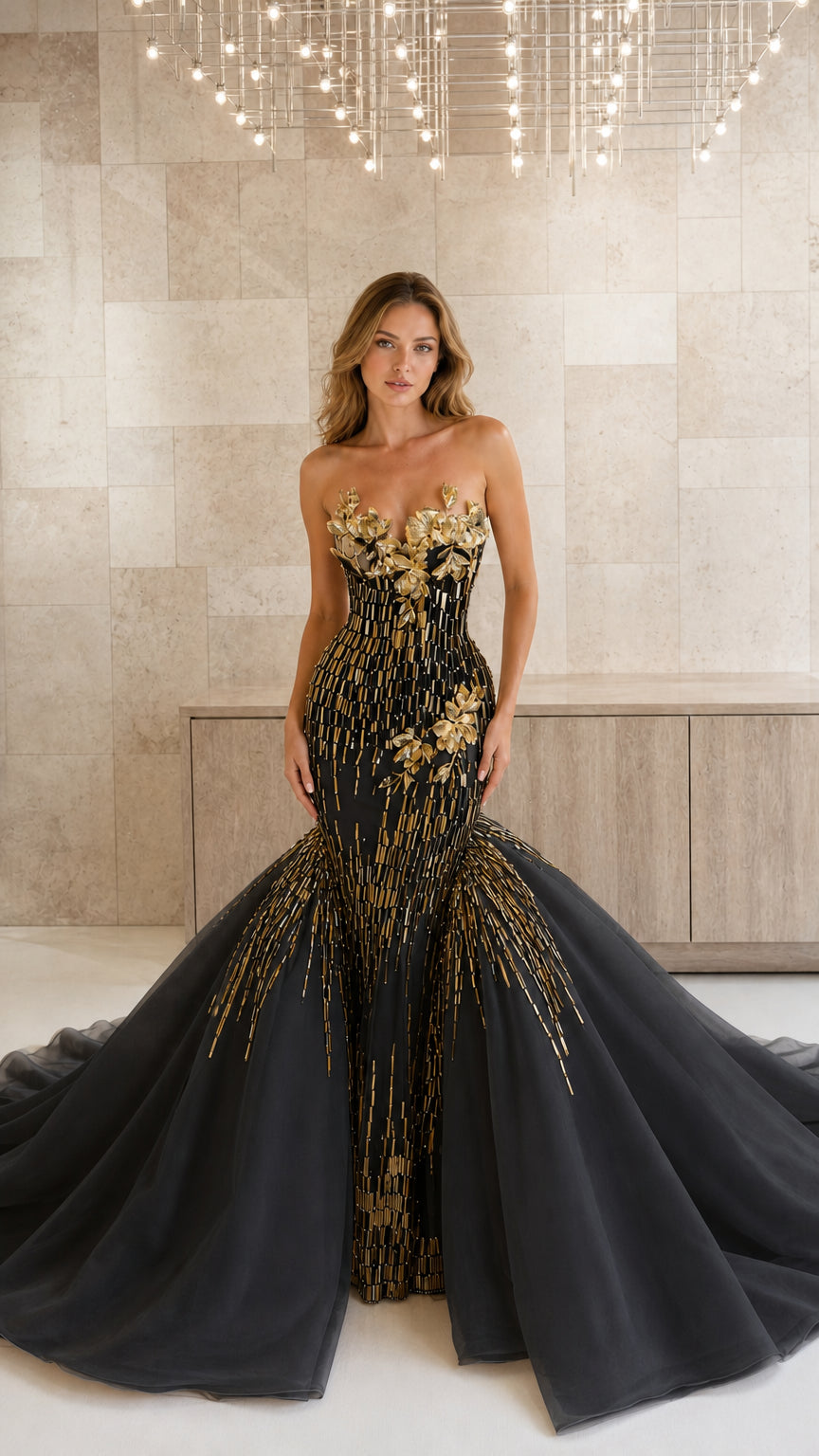 Model wearing black strapless mermaid evening gown with gold 3D floral embellishments