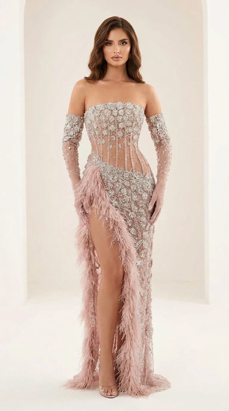 Front view of pink evening gown variant with gloves