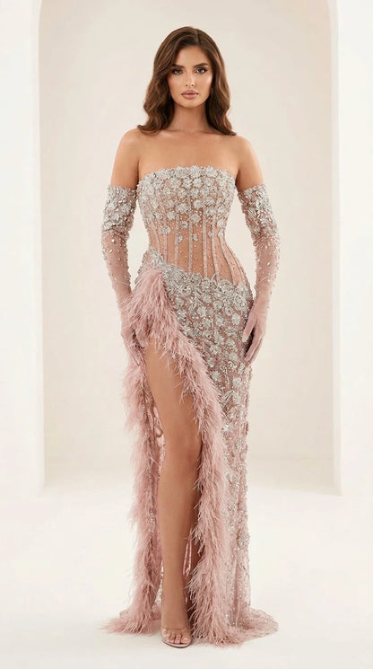 Front view of pink evening gown variant with gloves