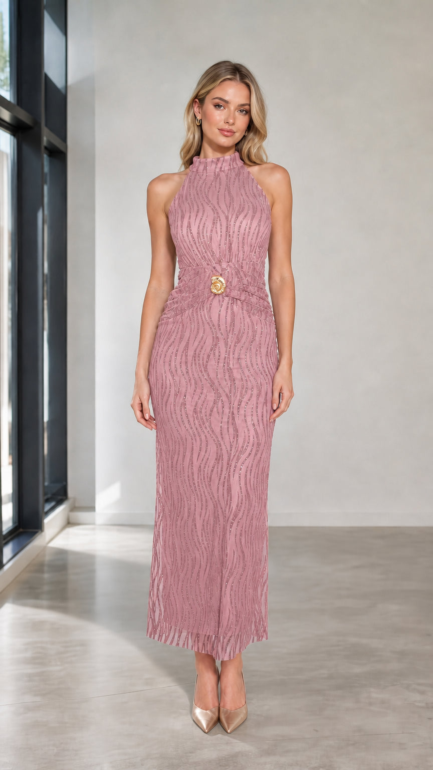 Front view of dusty pink halter neck maxi dress