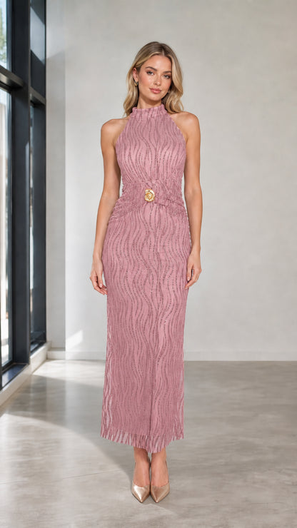 Front view of dusty pink halter neck maxi dress