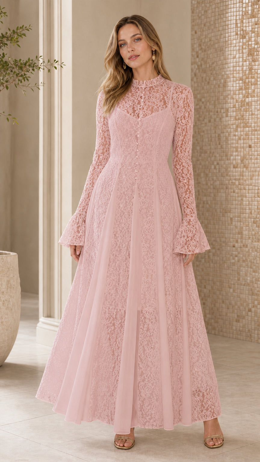 Full length view of pink lace long sleeve maxi dress