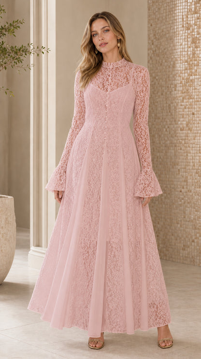 Full length view of pink lace long sleeve maxi dress