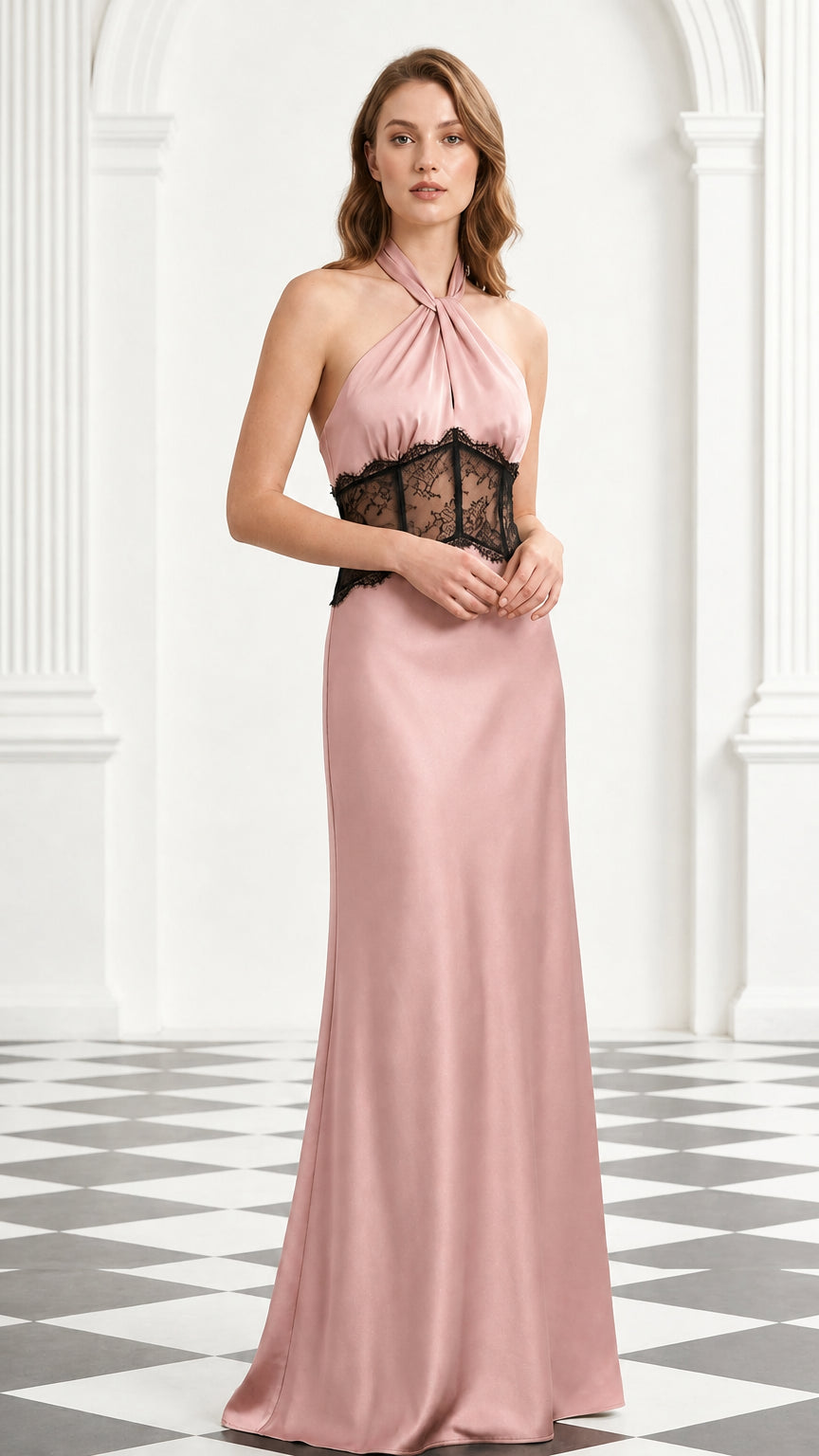 Blush pink halter satin maxi dress featuring contrasting black lace corset waist