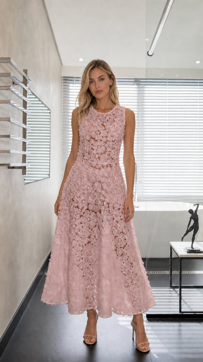 Dusty pink sleeveless 3D floral lace cocktail maxi dress