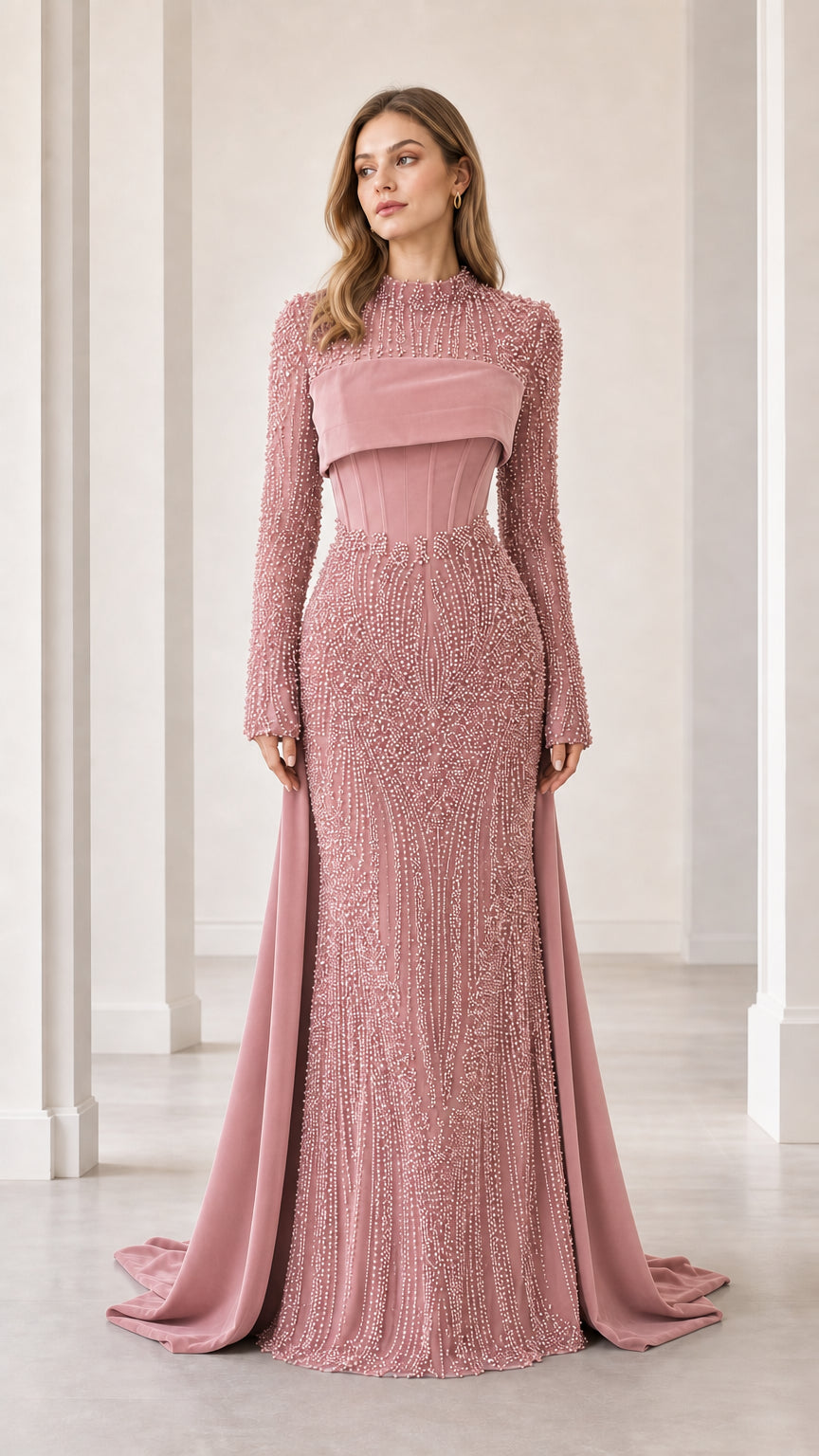 Dusty rose beaded floor-length formal gown with draped train