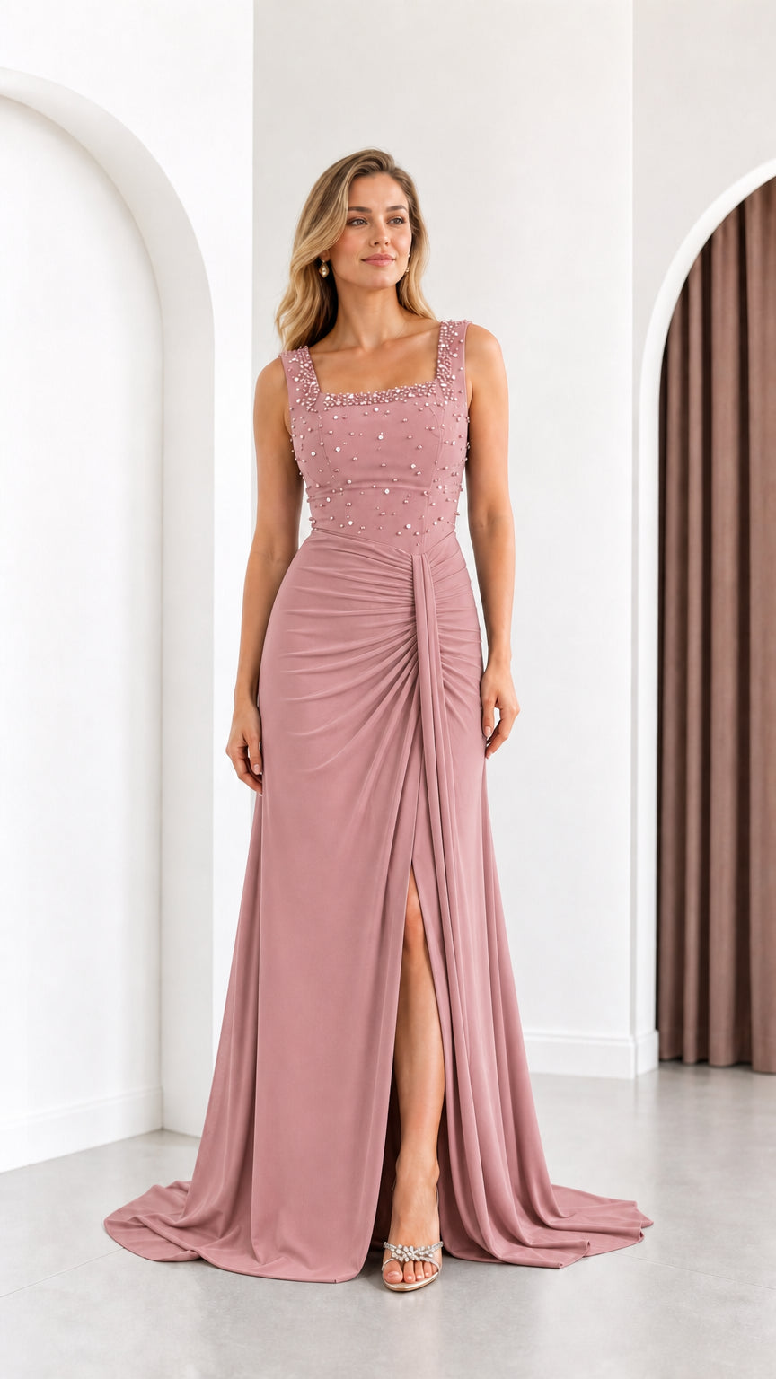 Full length front view of dusty rose pink beaded formal maxi dress with ruched waist