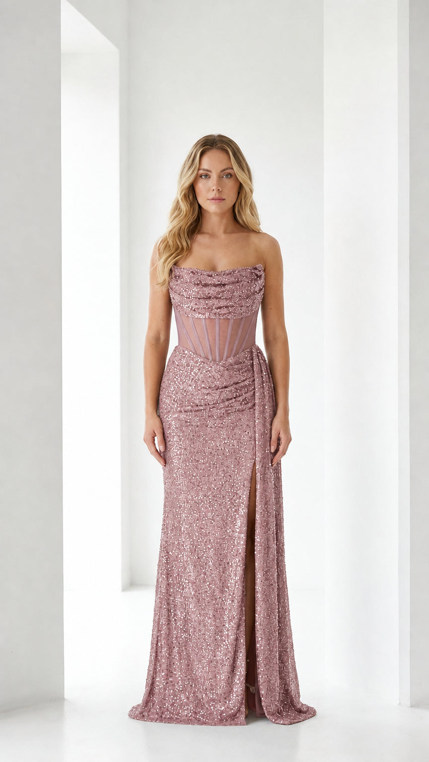 Front view of pink sequin corset evening gown