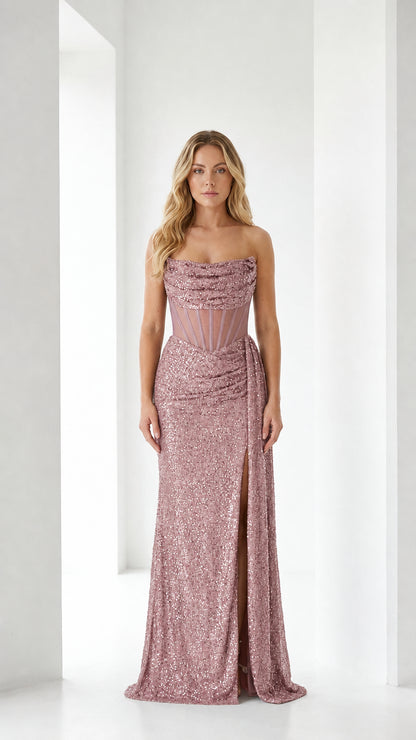 Front view of pink sequin corset evening gown